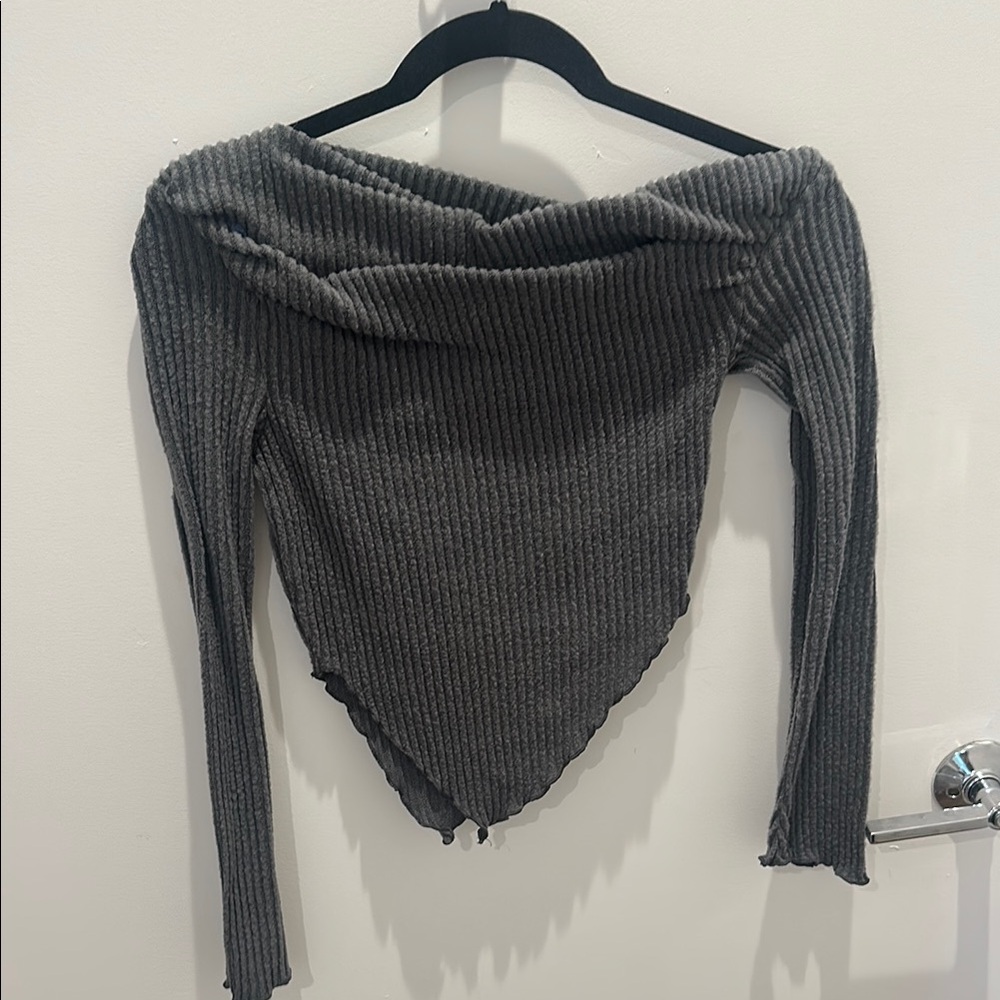 Gray Ribbed Off-Shoulder Sweater